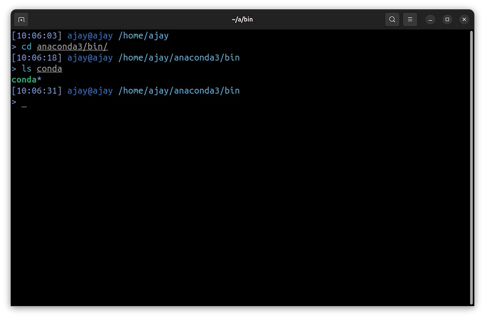 Locating Conda Bin directory (left)